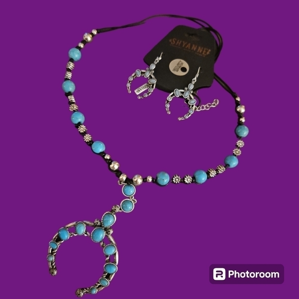 SHYANNE Turquoise Floral Macrame Beaded Squash Blossom Necklace Earrings Set